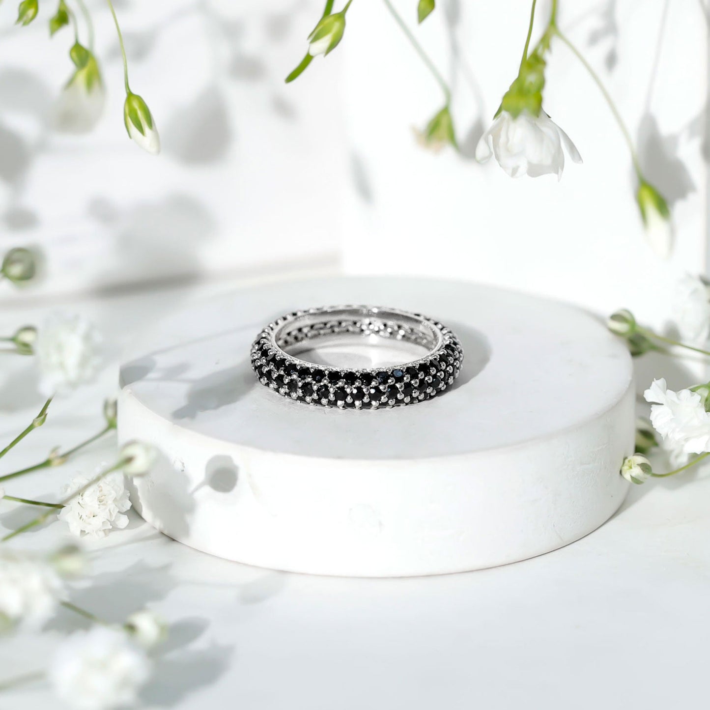 Certified Black Onyx Three Row Eternity Band Ring for Women