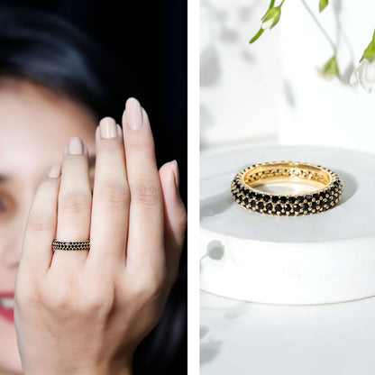 Certified Black Onyx Three Row Eternity Band Ring for Women