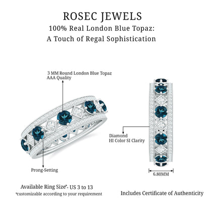 London Blue Topaz Vintage Inspired Eternity Band with Diamond