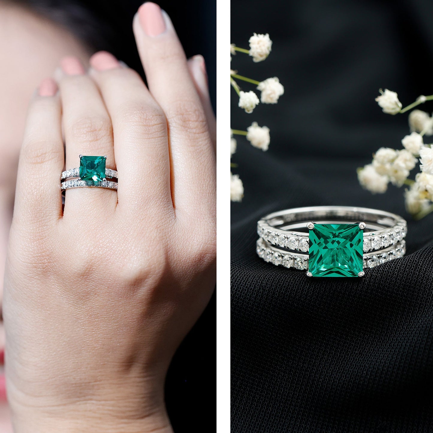 Lab Grown Emerald Princess Cut Engagement Ring with Wedding Band