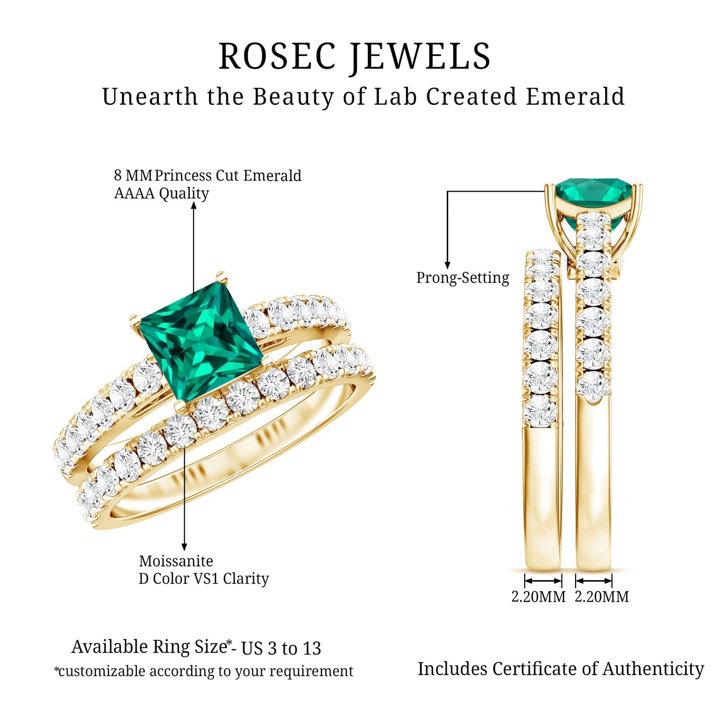 Lab Grown Emerald Princess Cut Engagement Ring with Wedding Band