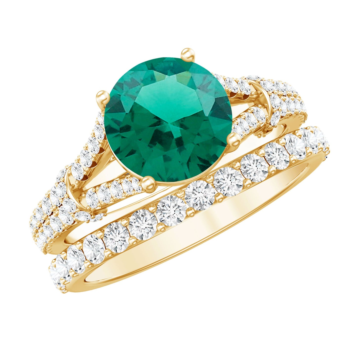 Designer Lab Grown Emerald Engagement Ring with Wedding Band