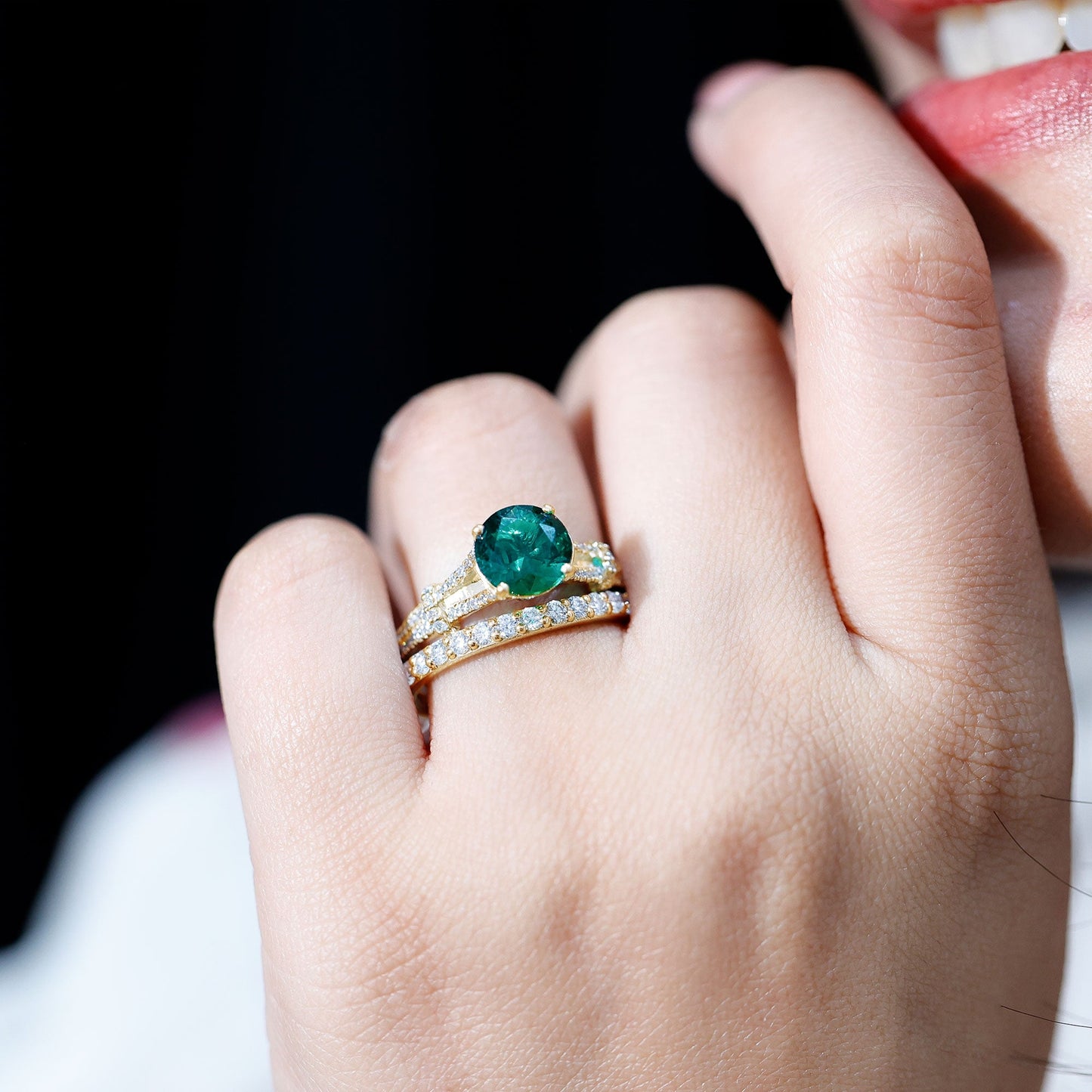 Designer Lab Grown Emerald Engagement Ring with Wedding Band