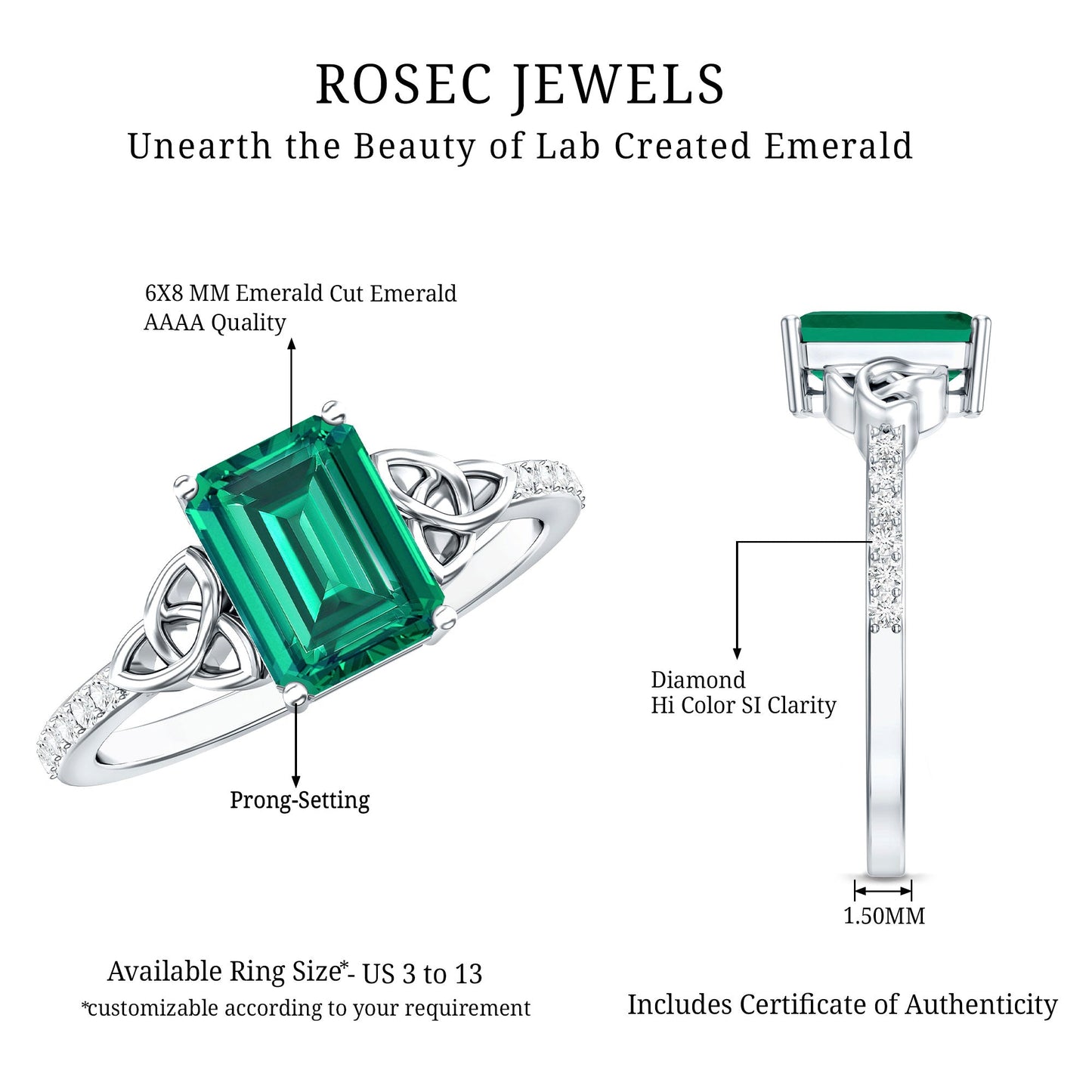 Solitaire Lab Created Emerald Celtic Engagement Ring with Diamond