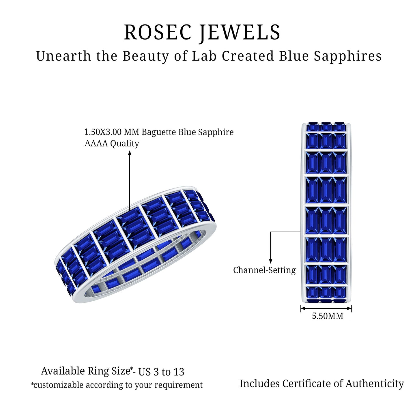 Channel Set Lab Grown Blue Sapphire Wide Eternity Band Ring