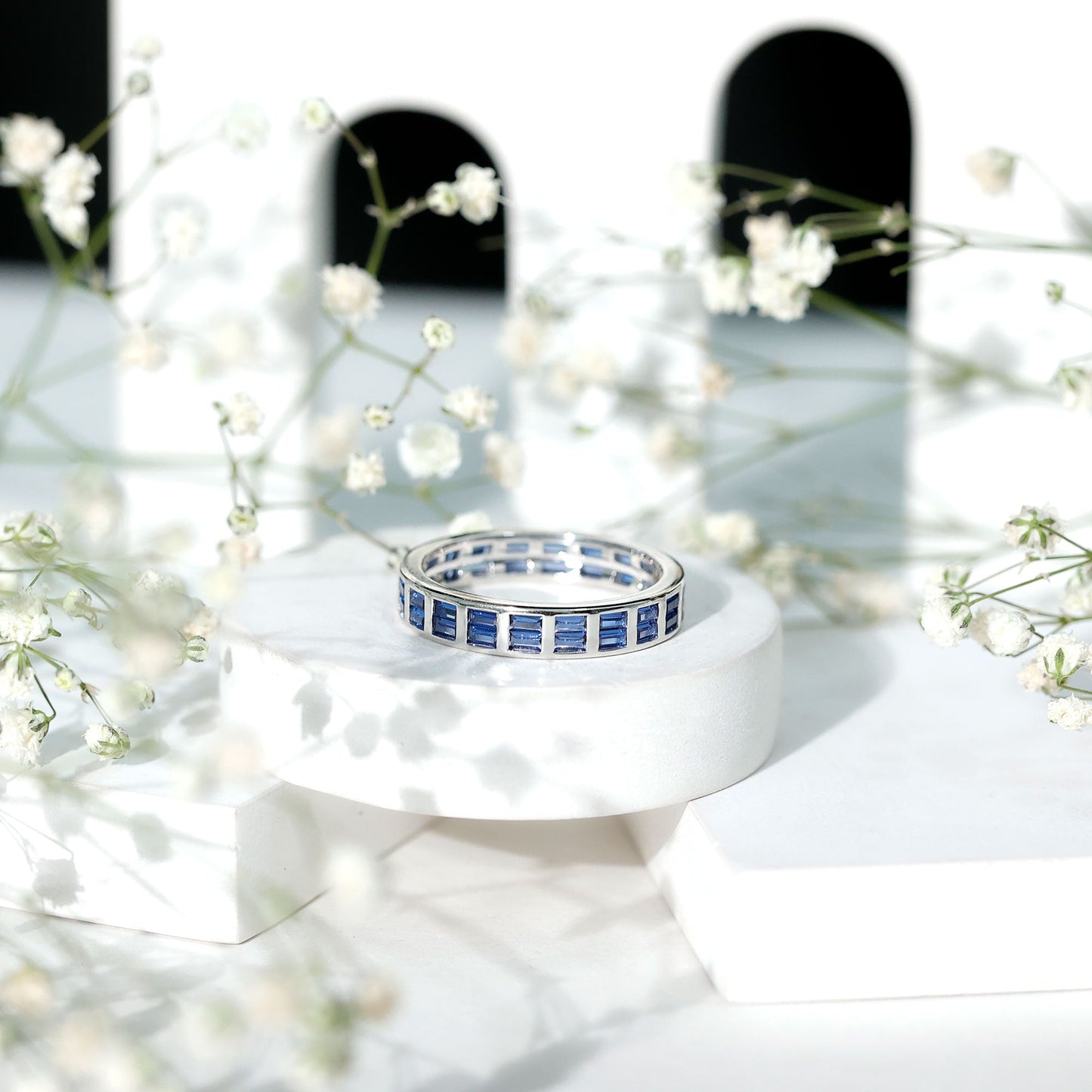 Certified Lab Grown Blue Sapphire Baguette Eternity Band in Channel Set