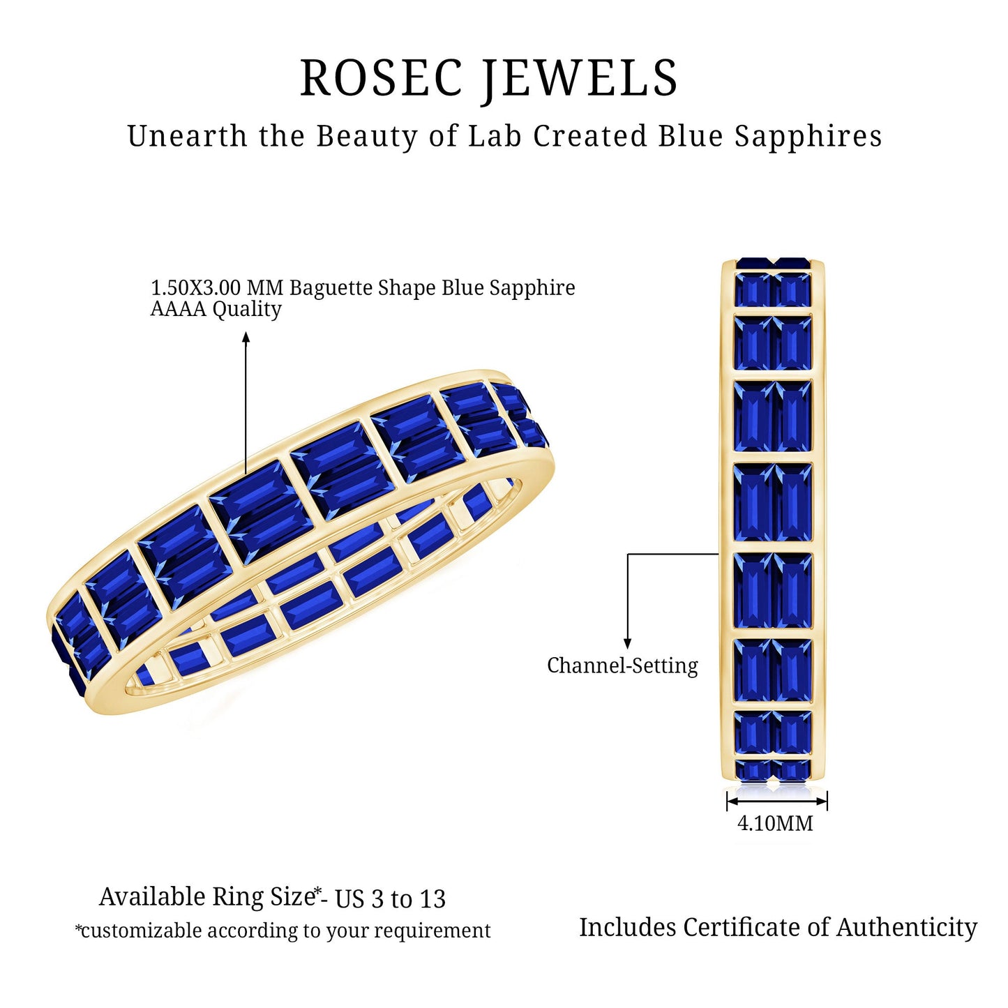 Certified Lab Grown Blue Sapphire Baguette Eternity Band in Channel Set