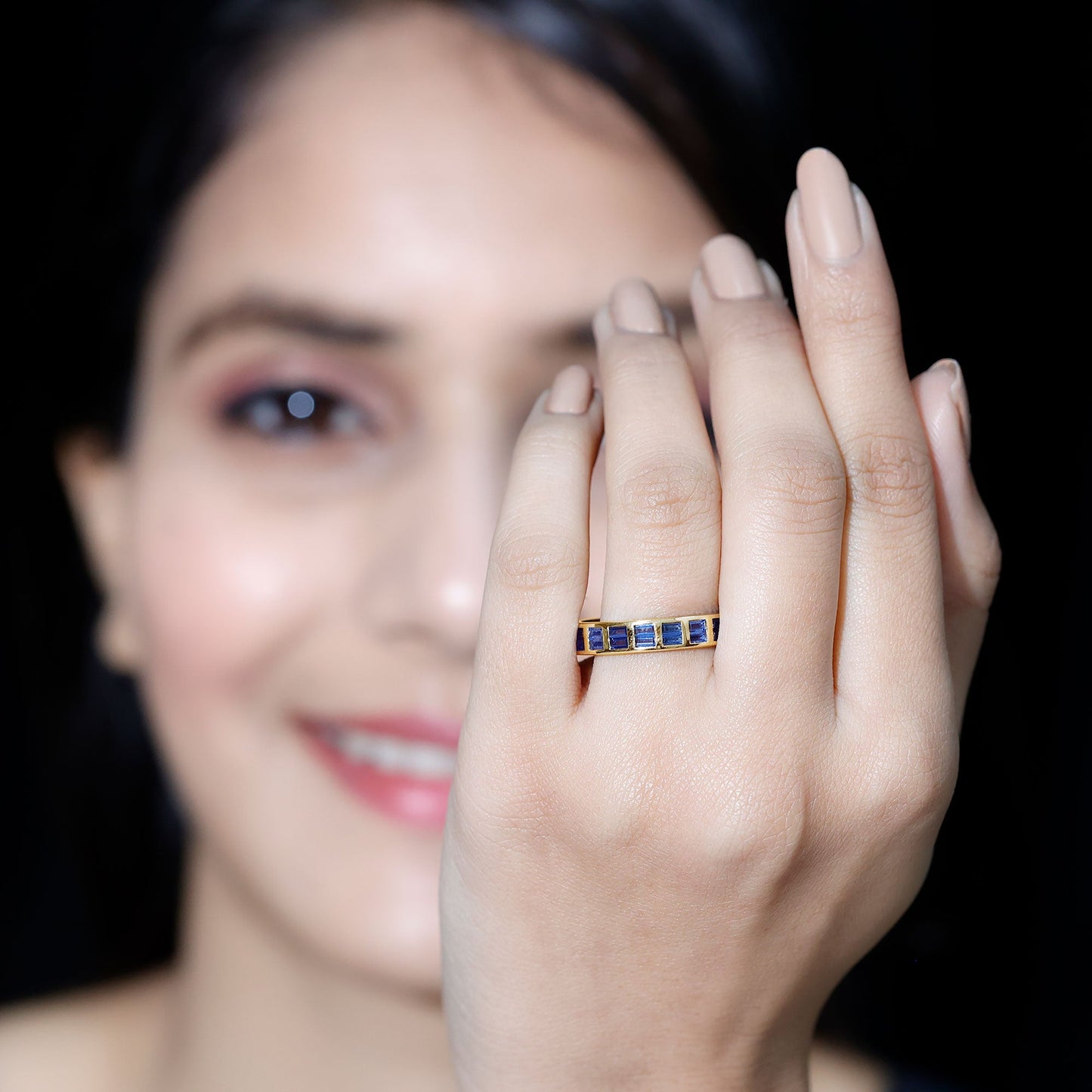 Certified Lab Grown Blue Sapphire Baguette Eternity Band in Channel Set