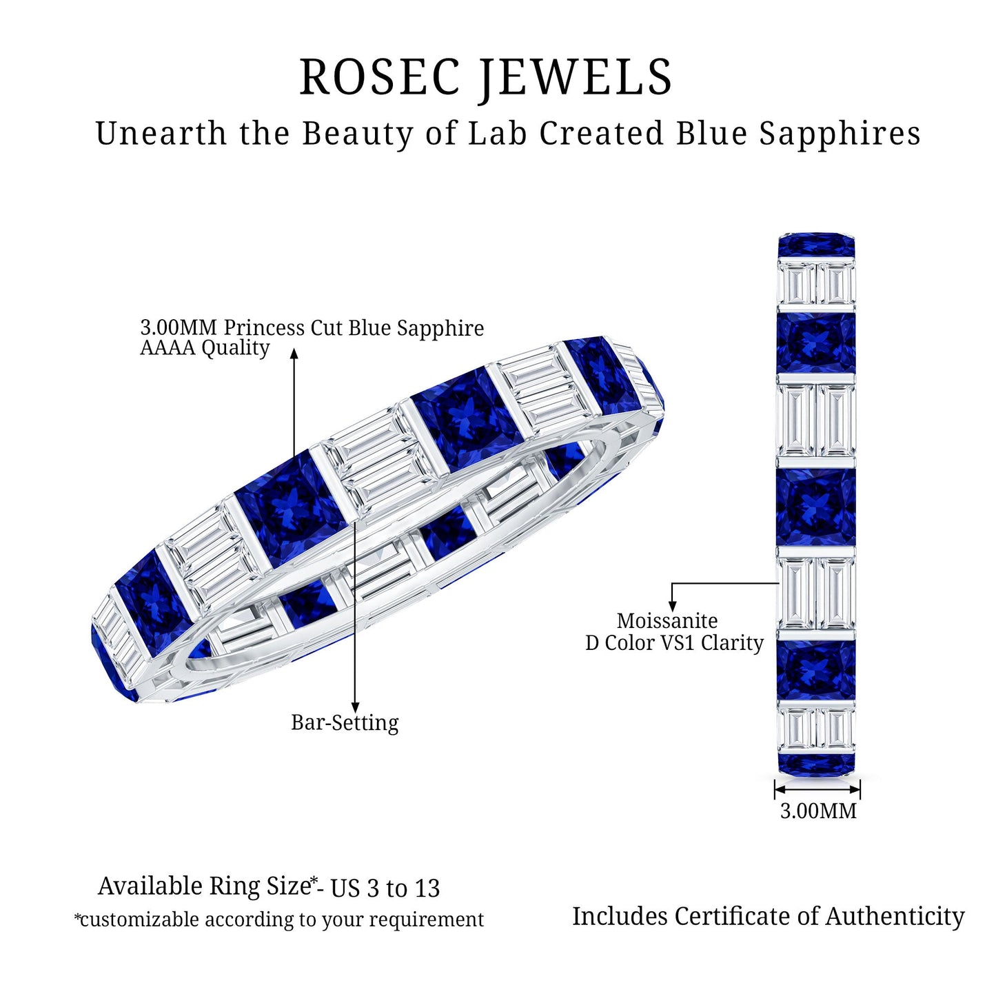 Certified Lab Grown Blue Sapphire Eternity Band Ring with Moissanite
