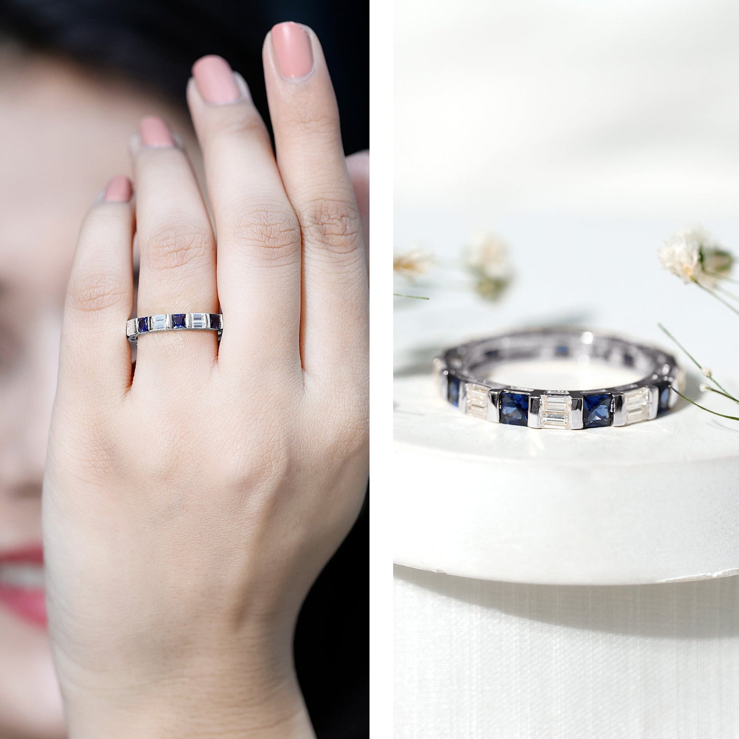 Certified Lab Grown Blue Sapphire Eternity Band Ring with Moissanite