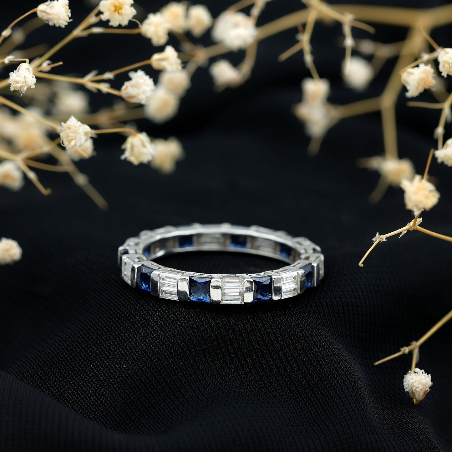 Certified Lab Grown Blue Sapphire Eternity Band Ring with Moissanite