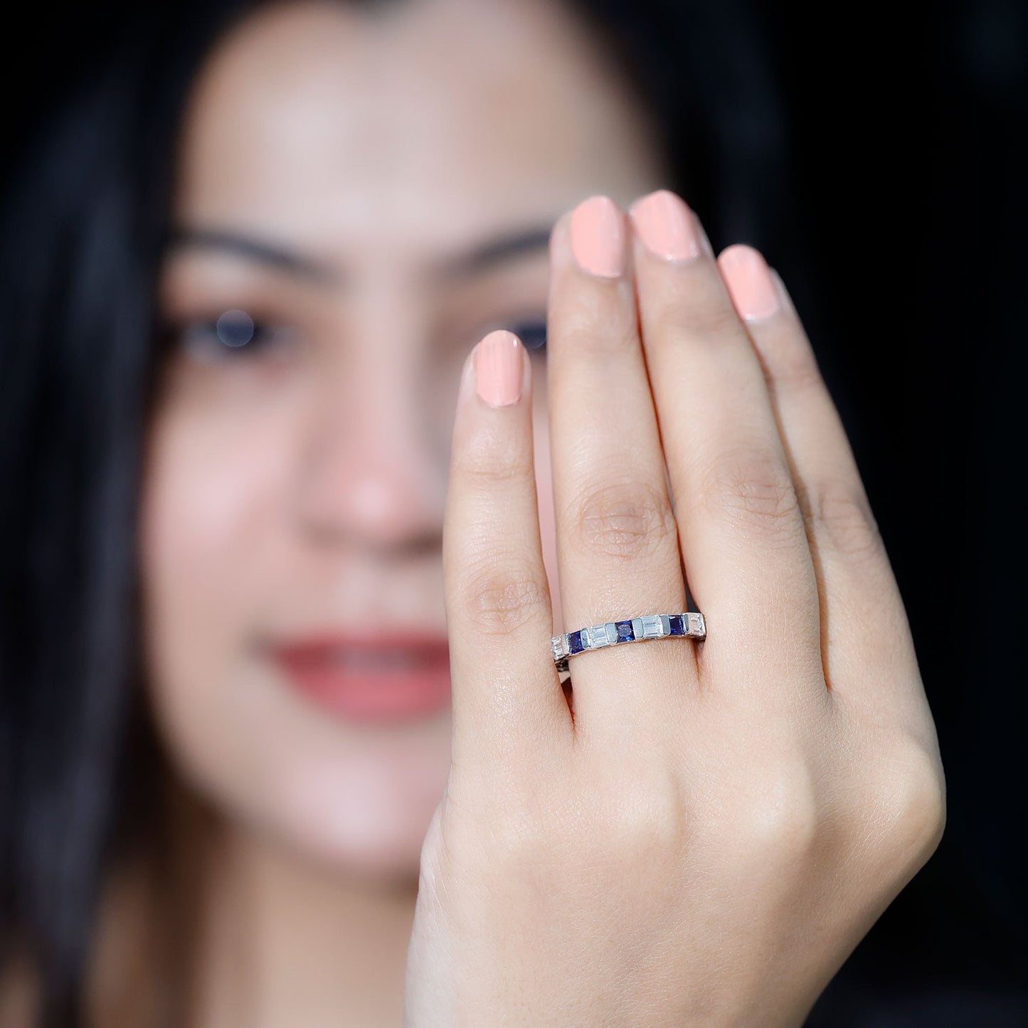 Certified Lab Grown Blue Sapphire Eternity Band Ring with Moissanite