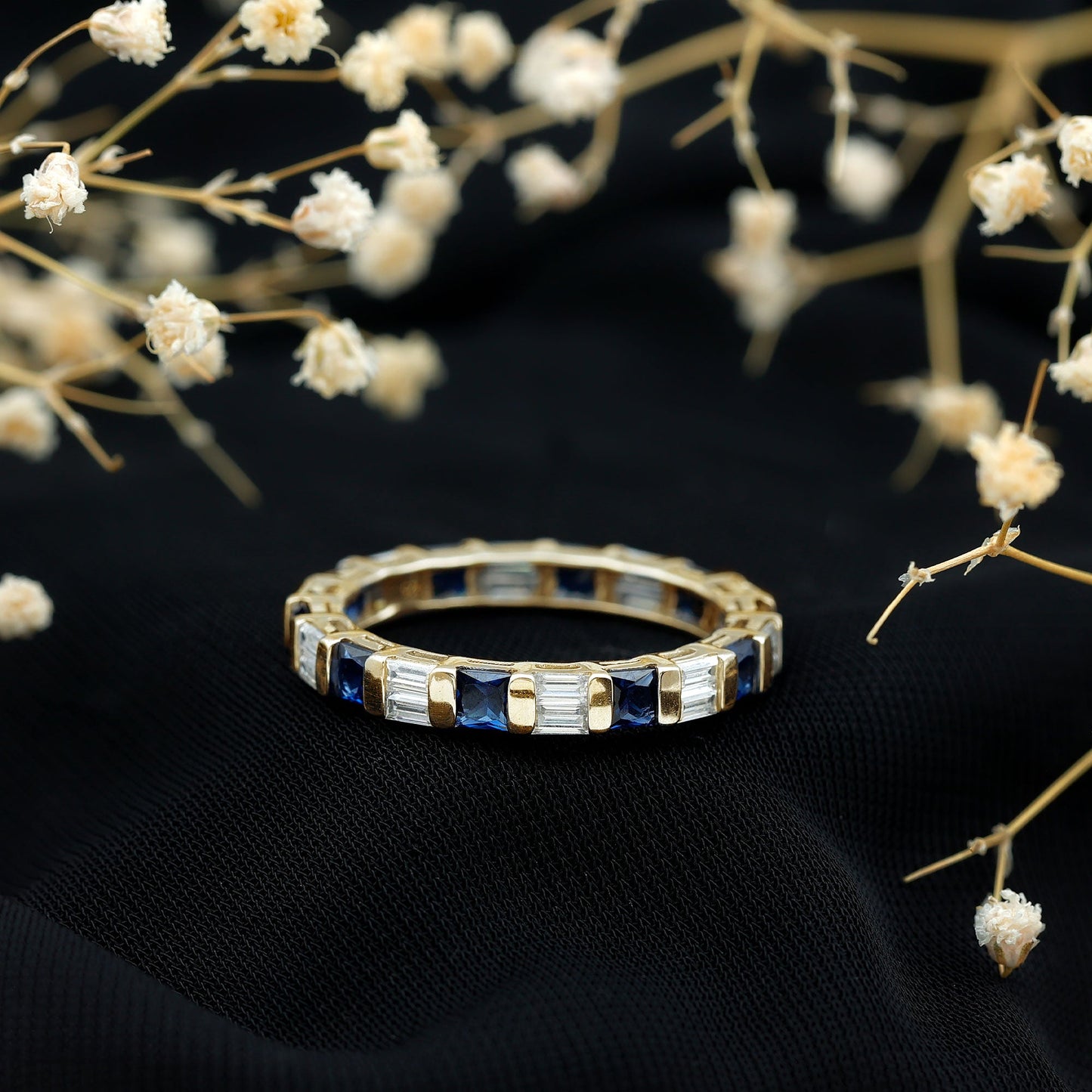 Certified Lab Grown Blue Sapphire Eternity Band Ring with Moissanite