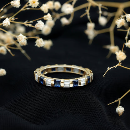 Certified Lab Grown Blue Sapphire Eternity Band Ring with Moissanite