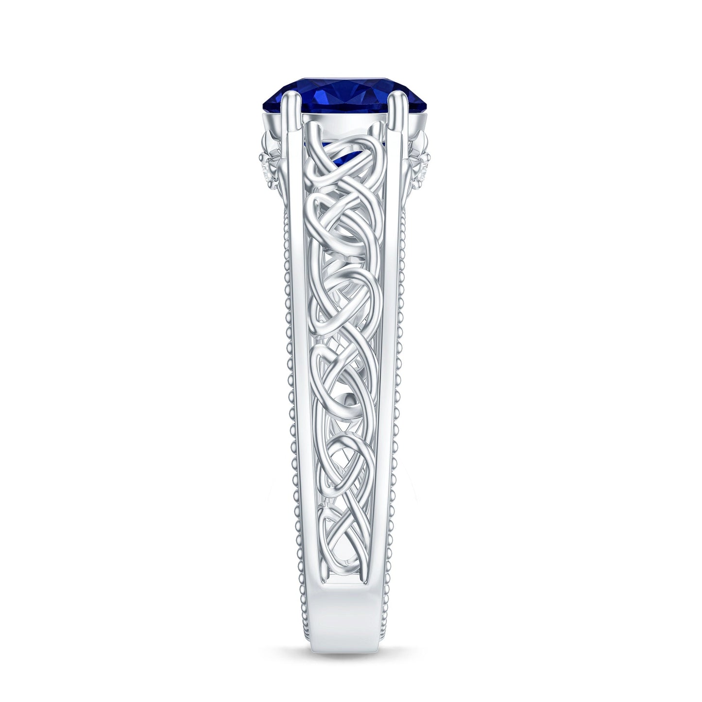 Certified 2.7 Carat Lab Grown Blue Sapphire Celtic Engagement Ring with Surprise Diamond