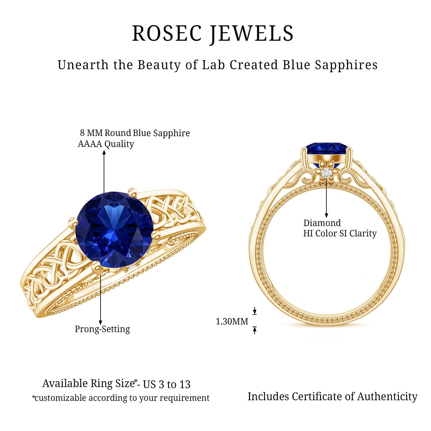 Certified 2.7 Carat Lab Grown Blue Sapphire Celtic Engagement Ring with Surprise Diamond