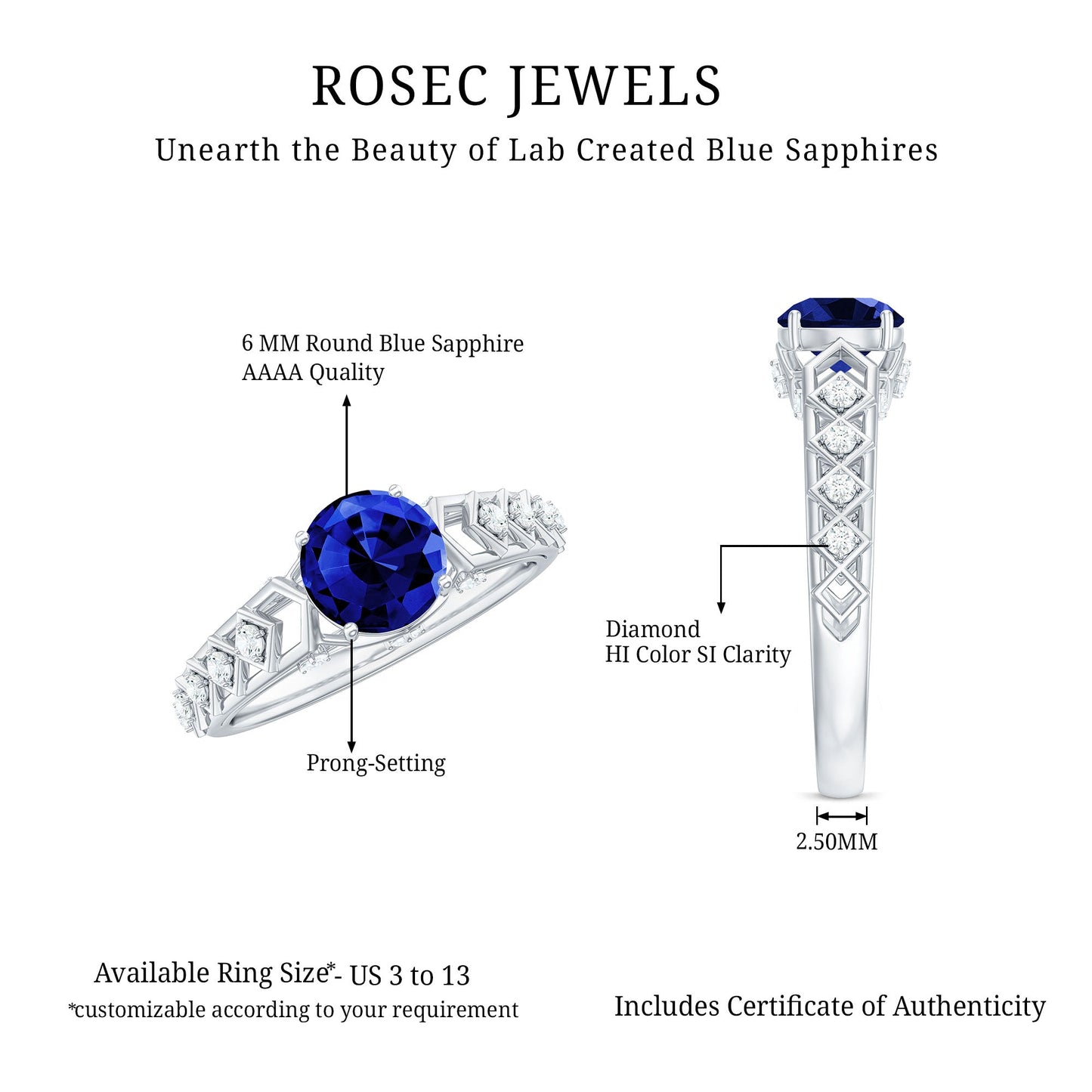 Round Lab Grown Blue Sapphire Solitaire Ring with Diamond