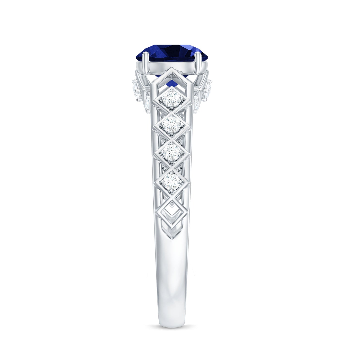 Round Lab Grown Blue Sapphire Solitaire Ring with Diamond