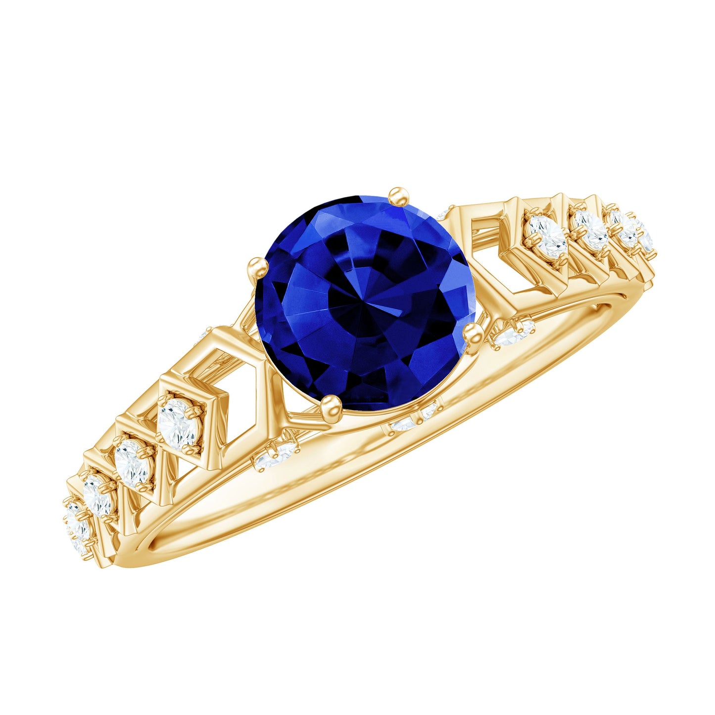 Round Lab Grown Blue Sapphire Solitaire Ring with Diamond