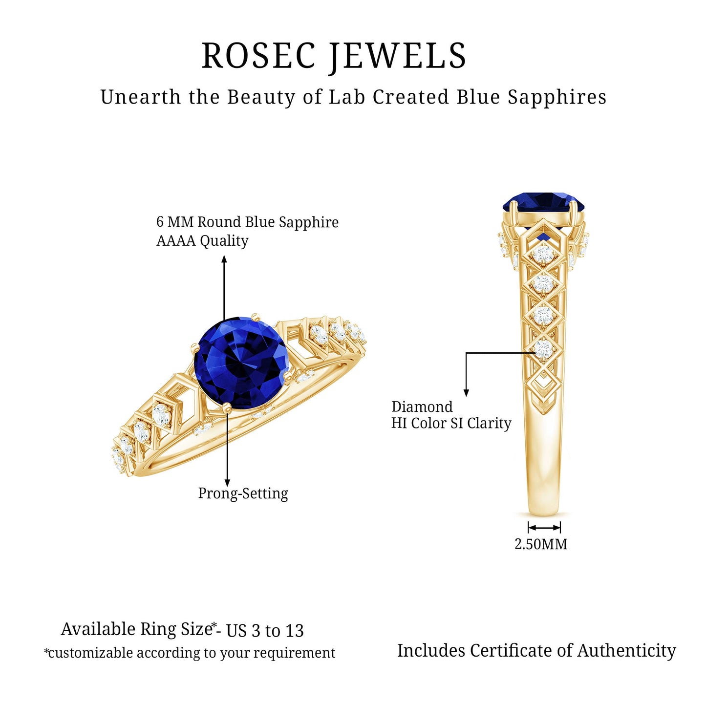 Round Lab Grown Blue Sapphire Solitaire Ring with Diamond