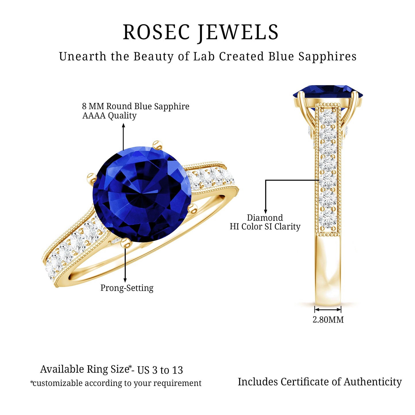 Certified 2.7 Carat Lab Grown Blue Sapphire Solitaire Engagement Ring with Diamond