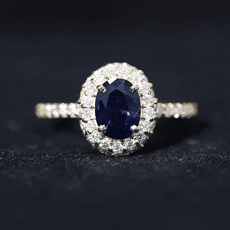 Certified 1.5 Carat Lab Grown Blue Sapphire Oval Engagement Ring with Diamond Halo