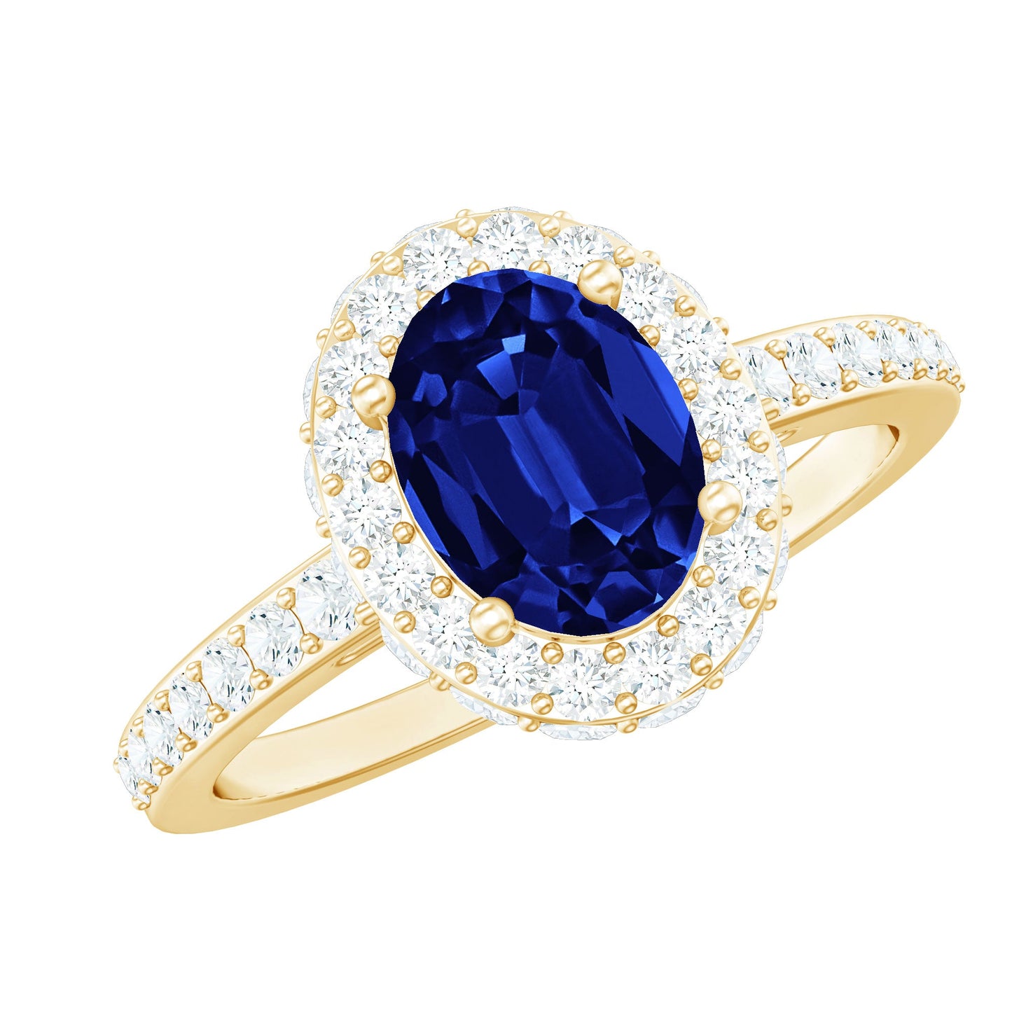 Certified 1.5 Carat Lab Grown Blue Sapphire Oval Engagement Ring with Diamond Halo