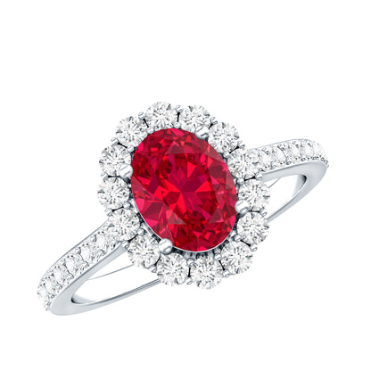 1.5 Carat Oval Cut Created Ruby Engagement Ring with Moissanite Halo