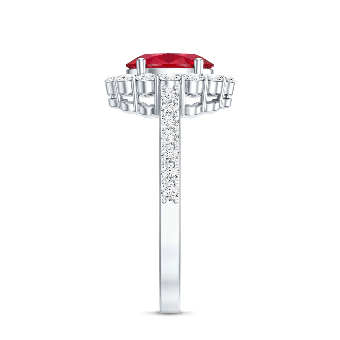 1.5 Carat Oval Cut Created Ruby Engagement Ring with Moissanite Halo
