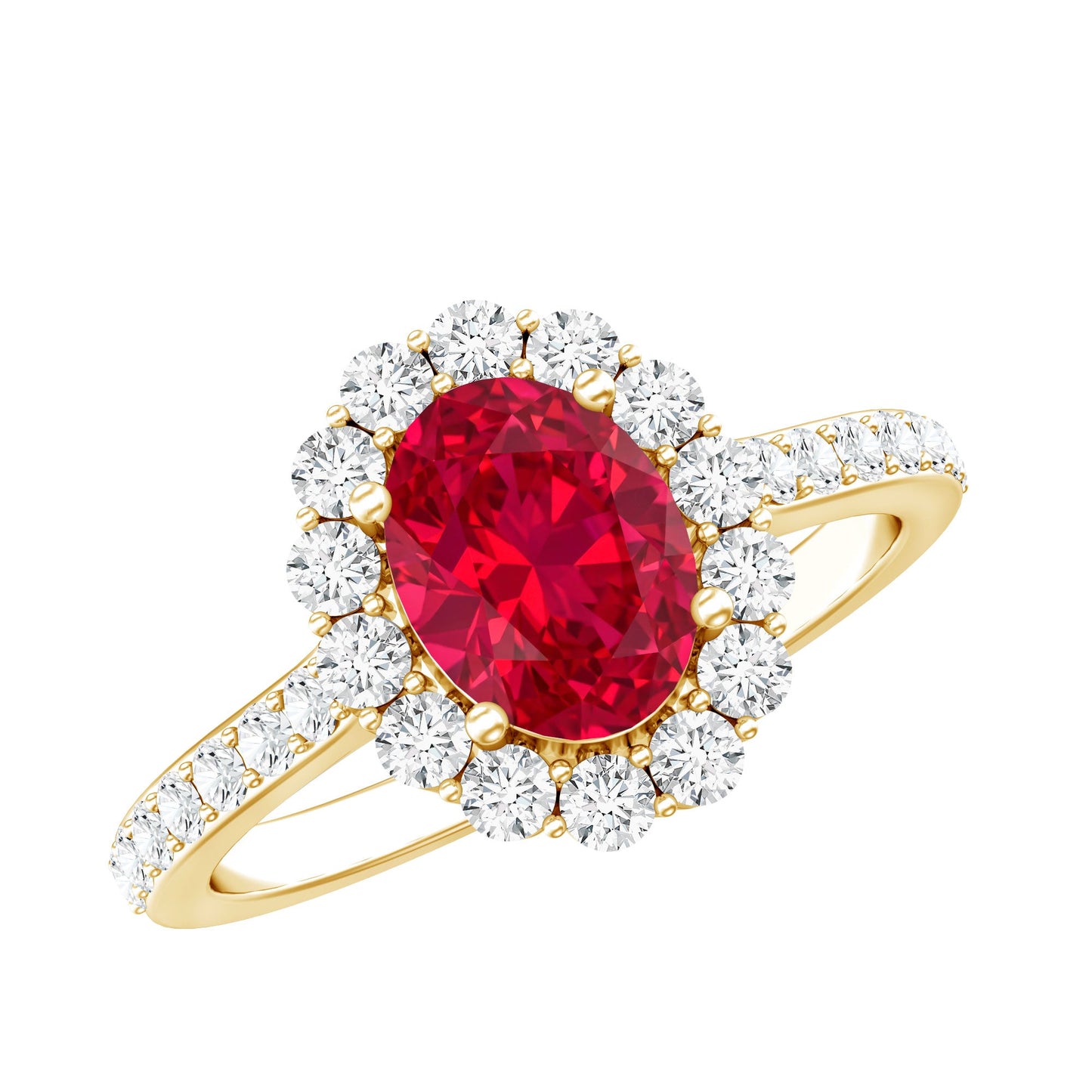 1.5 Carat Oval Cut Created Ruby Engagement Ring with Moissanite Halo