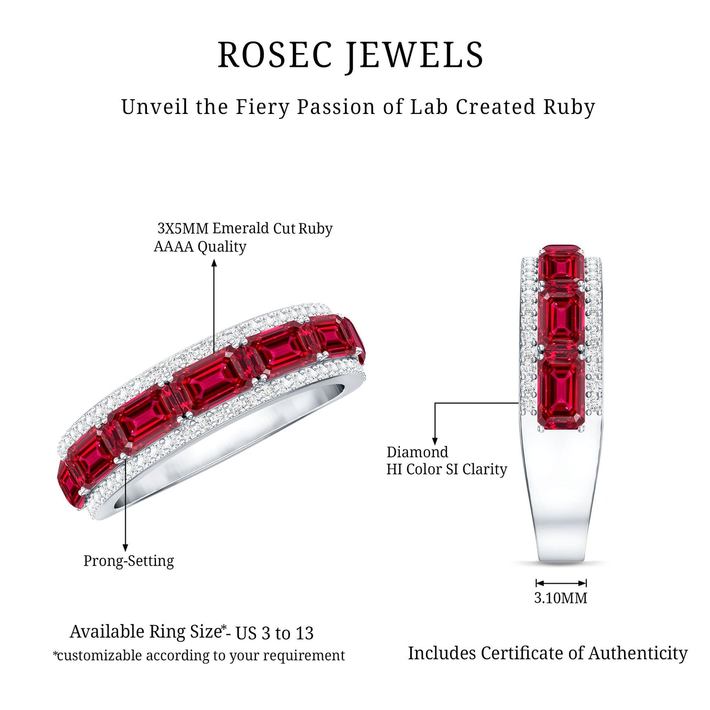 Emerald Cut Created Ruby and Diamond Half Eternity Band