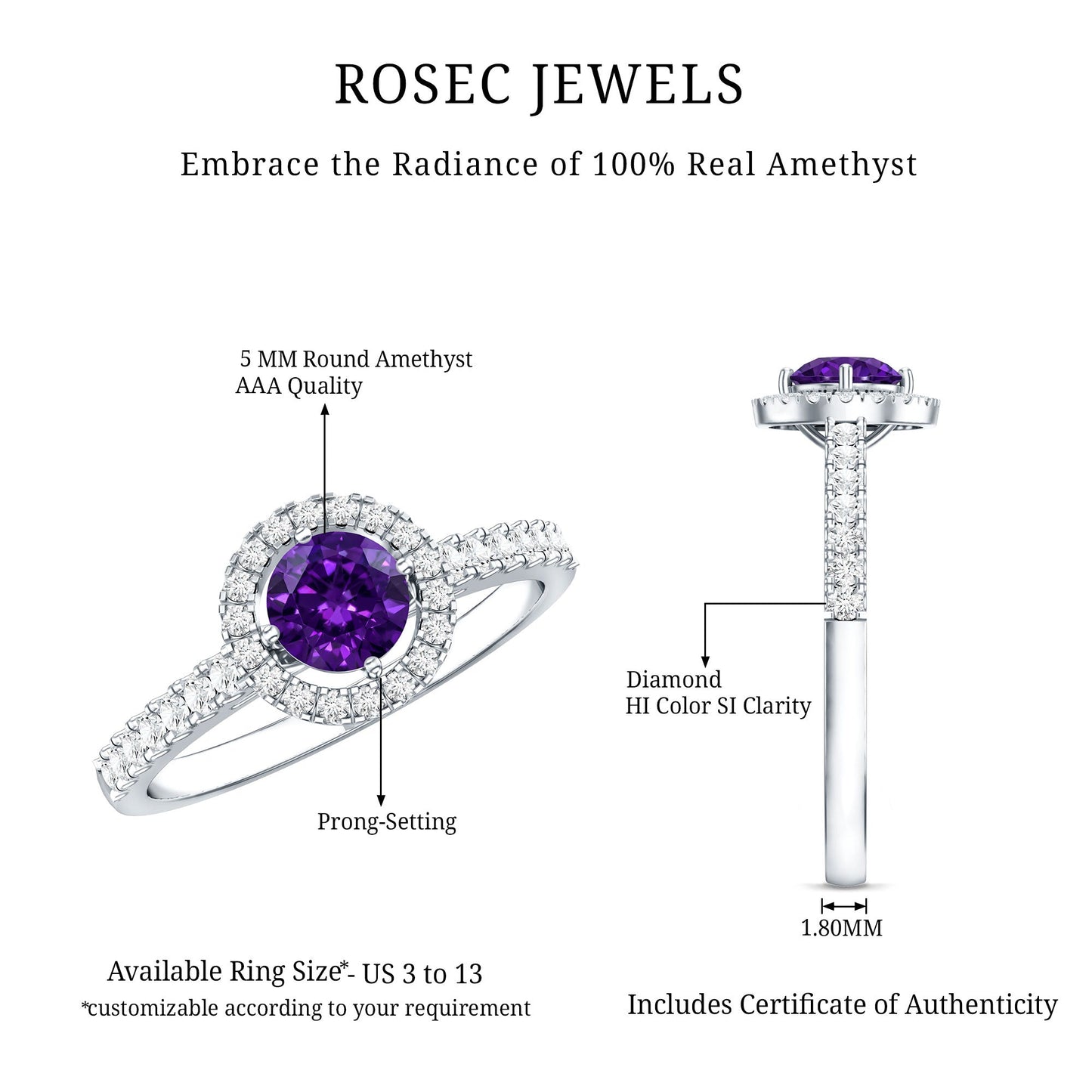 Real Amethyst Promise Ring with Diamond Halo