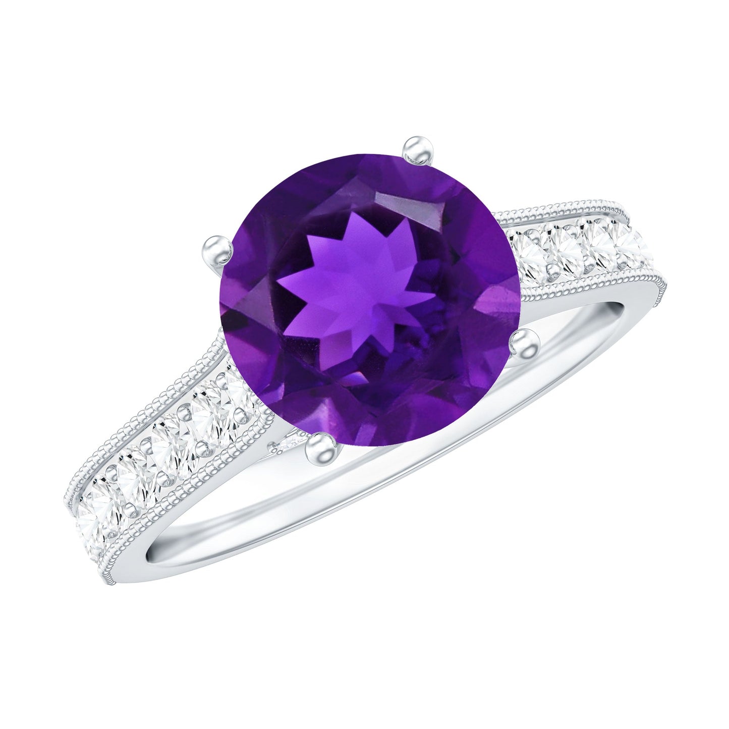 2 Carat Round Amethyst Solitaire Engagement Ring with Moissanite Side Stones