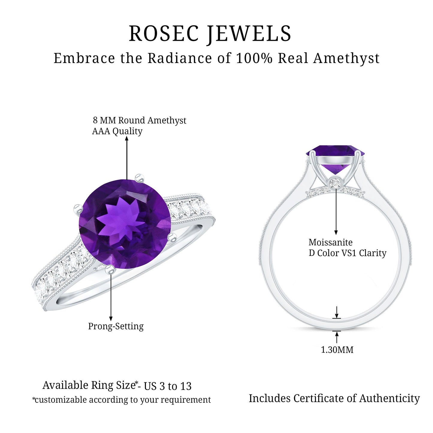 2 Carat Round Amethyst Solitaire Engagement Ring with Moissanite Side Stones