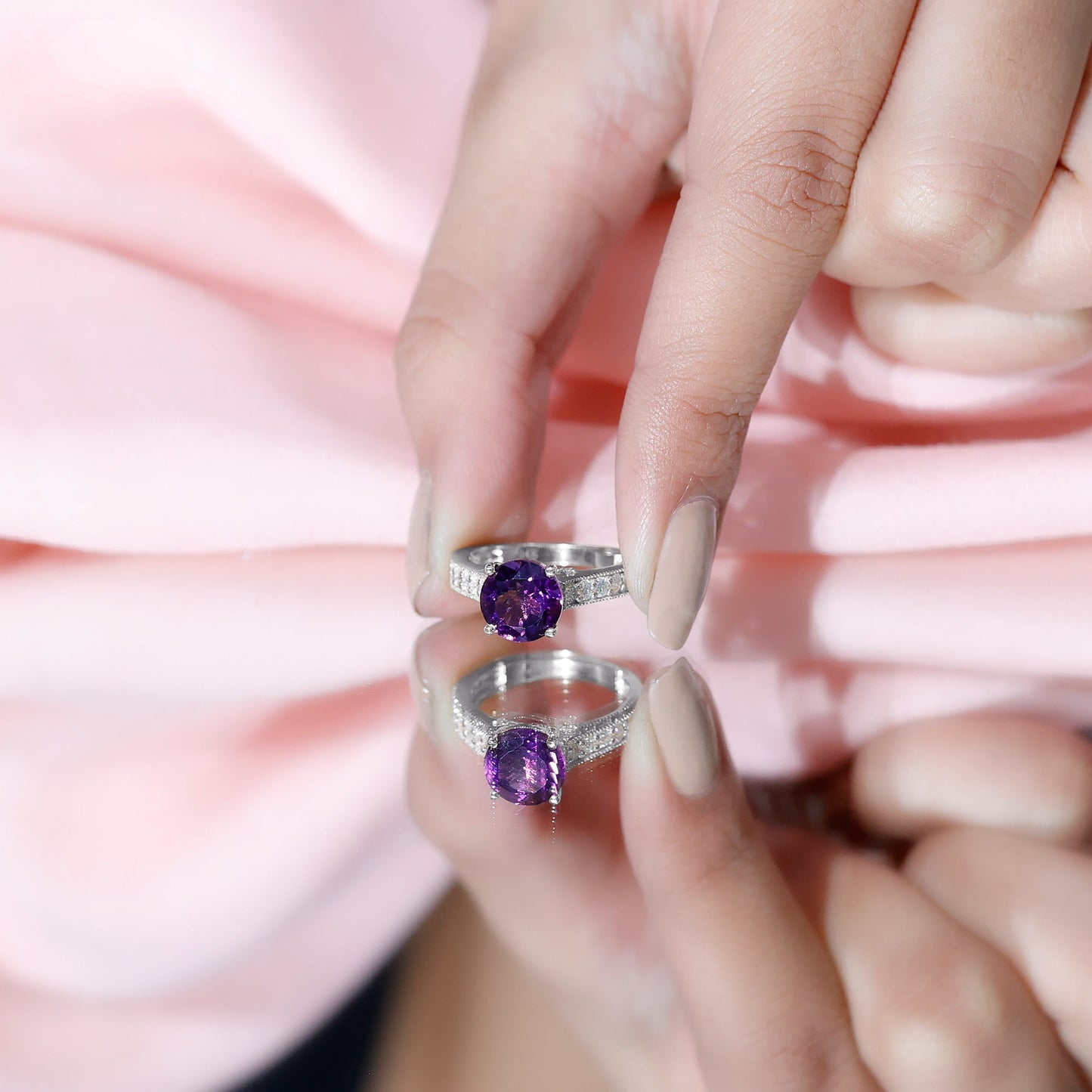 2 Carat Round Amethyst Solitaire Engagement Ring with Moissanite Side Stones