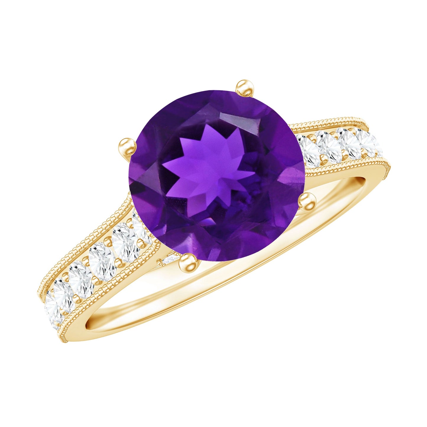 2 Carat Round Amethyst Solitaire Engagement Ring with Moissanite Side Stones