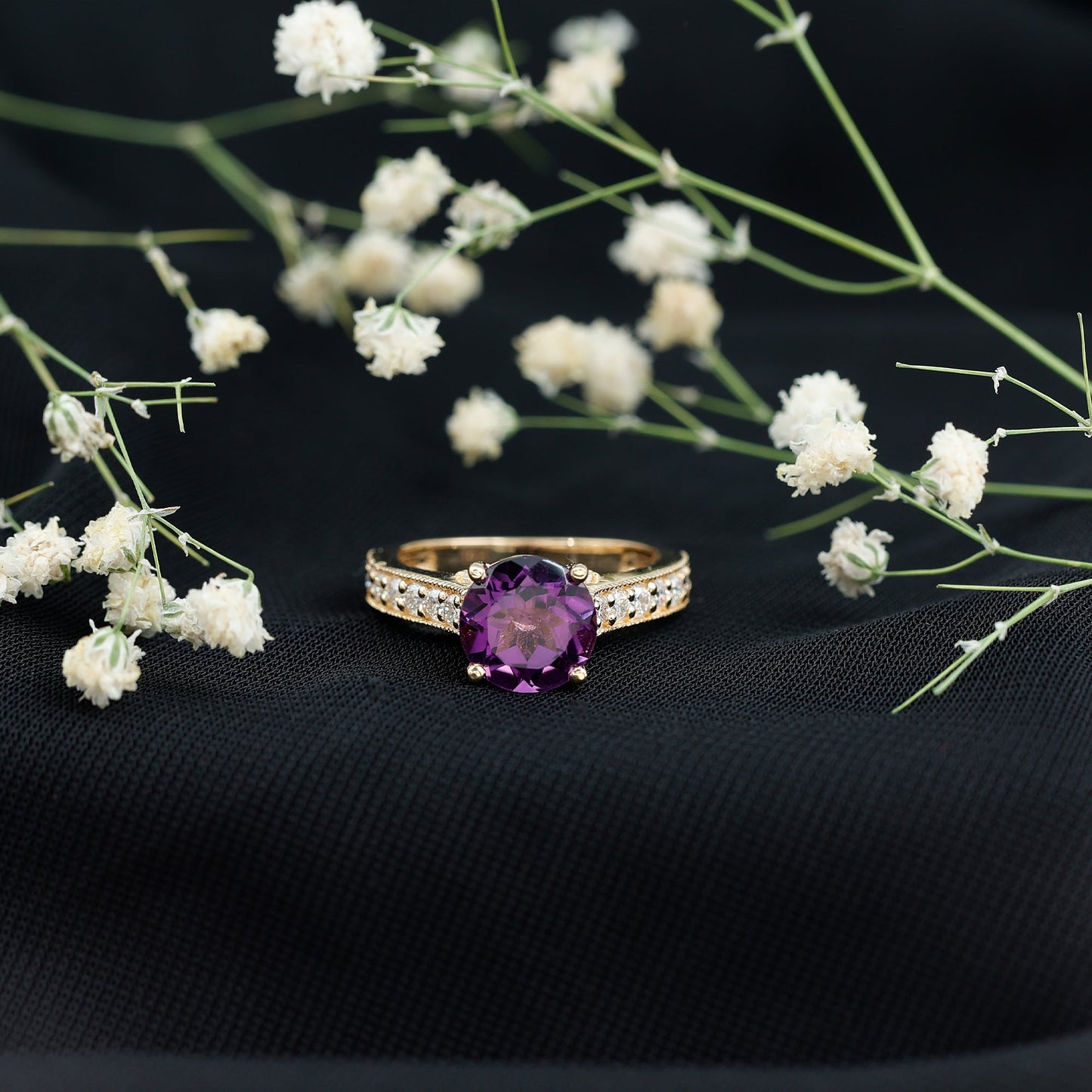 2 Carat Round Amethyst Solitaire Engagement Ring with Moissanite Side Stones