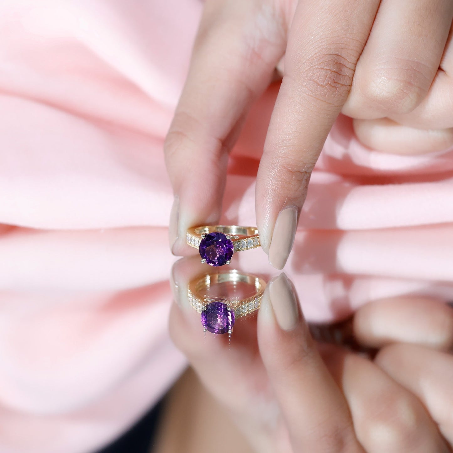 2 Carat Round Amethyst Solitaire Engagement Ring with Moissanite Side Stones
