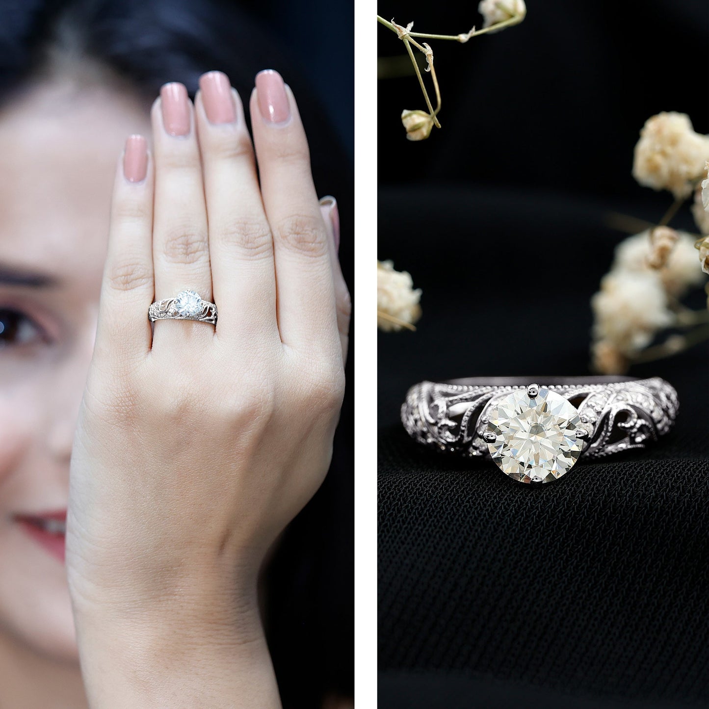 Round Cut Moissanite Vintage Engagement Ring With Diagonal Prongs