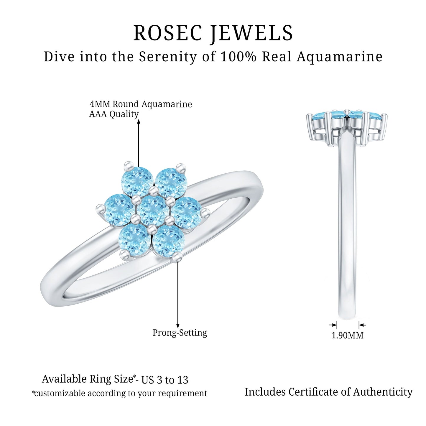 Real Aquamarine Flower Cluster Ring for Women