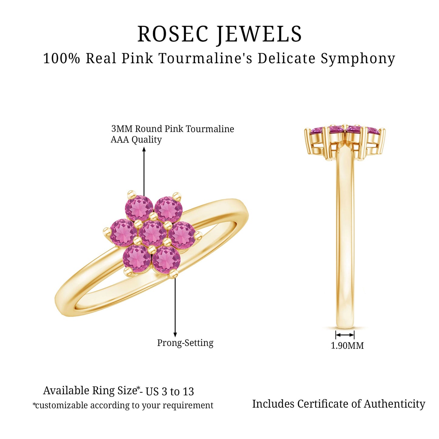 Real Pink Tourmaline Flower Cluster Ring