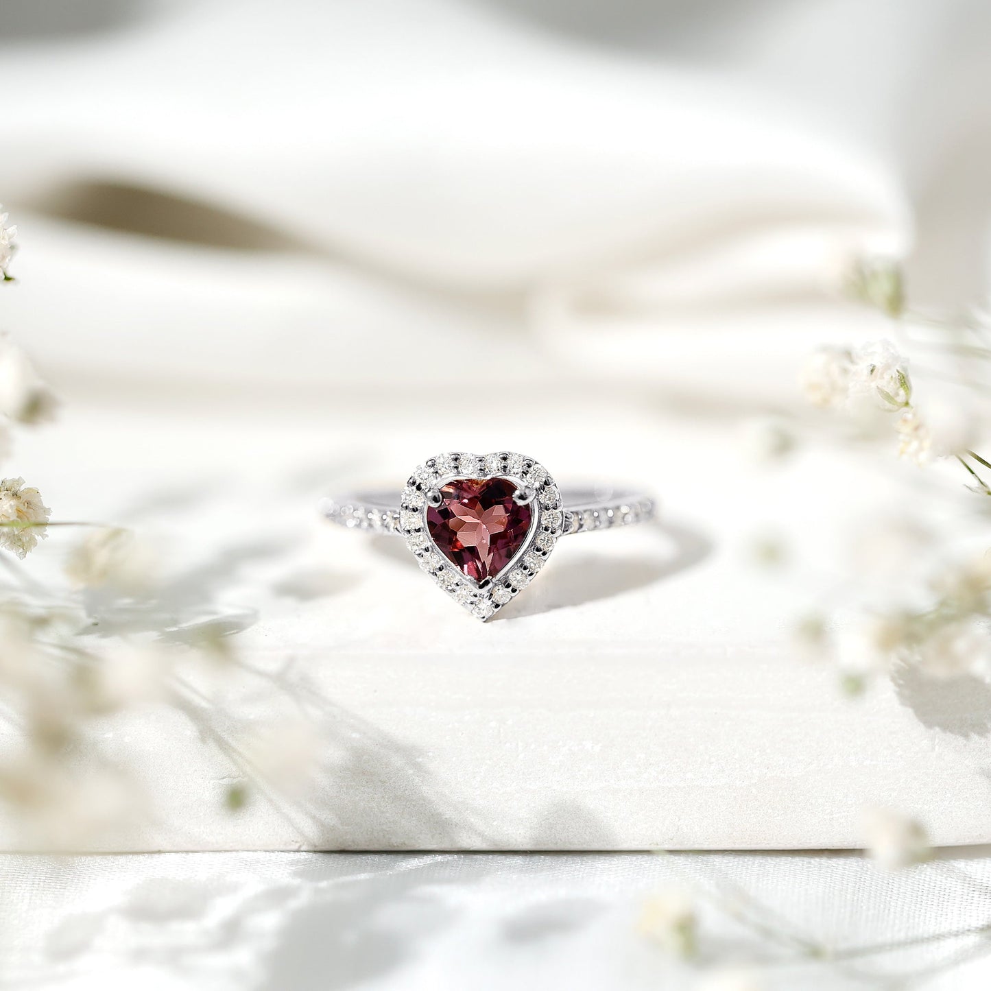 Heart Shape Pink Tourmaline Engagement Ring with Diamond Halo