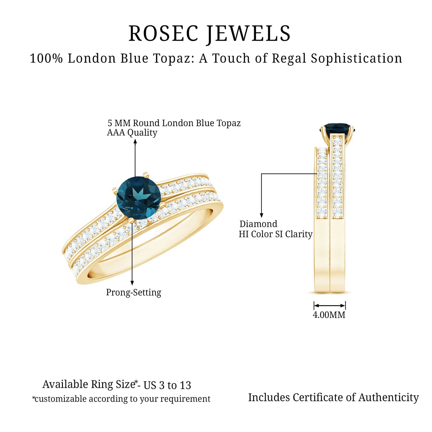 0.6 Carat London Blue Topaz Classic Engagement Ring with Diamond Wedding band