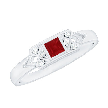 Art Deco Princess Cut Ruby Promise Ring with Diamond