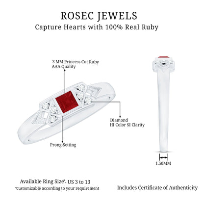 Art Deco Princess Cut Ruby Promise Ring with Diamond