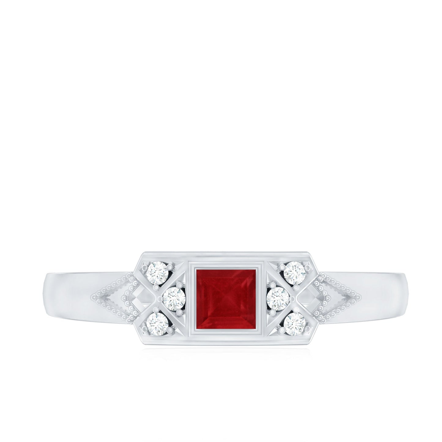 Art Deco Princess Cut Ruby Promise Ring with Diamond