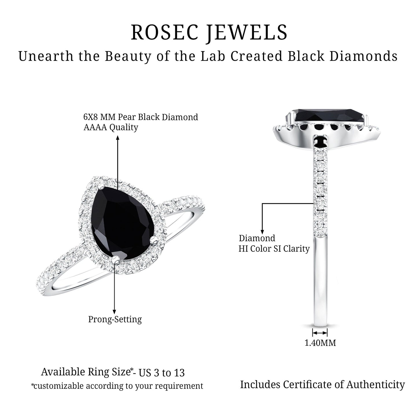 Certified 0.85 Carat Lab Grown Black Diamond Teardrop Engagement Ring with White Diamond