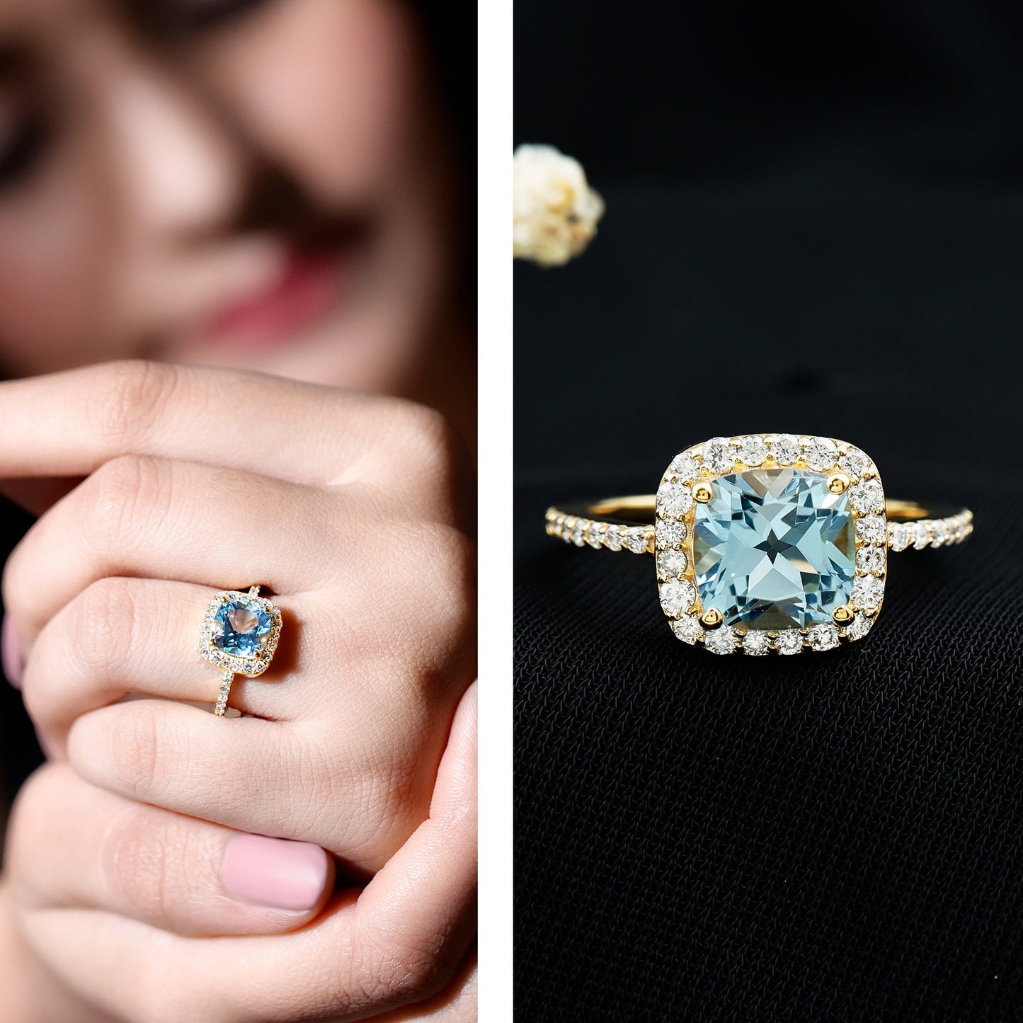 2 Carat Cushion Cut Sky Blue Topaz and Diamond Engagement Ring