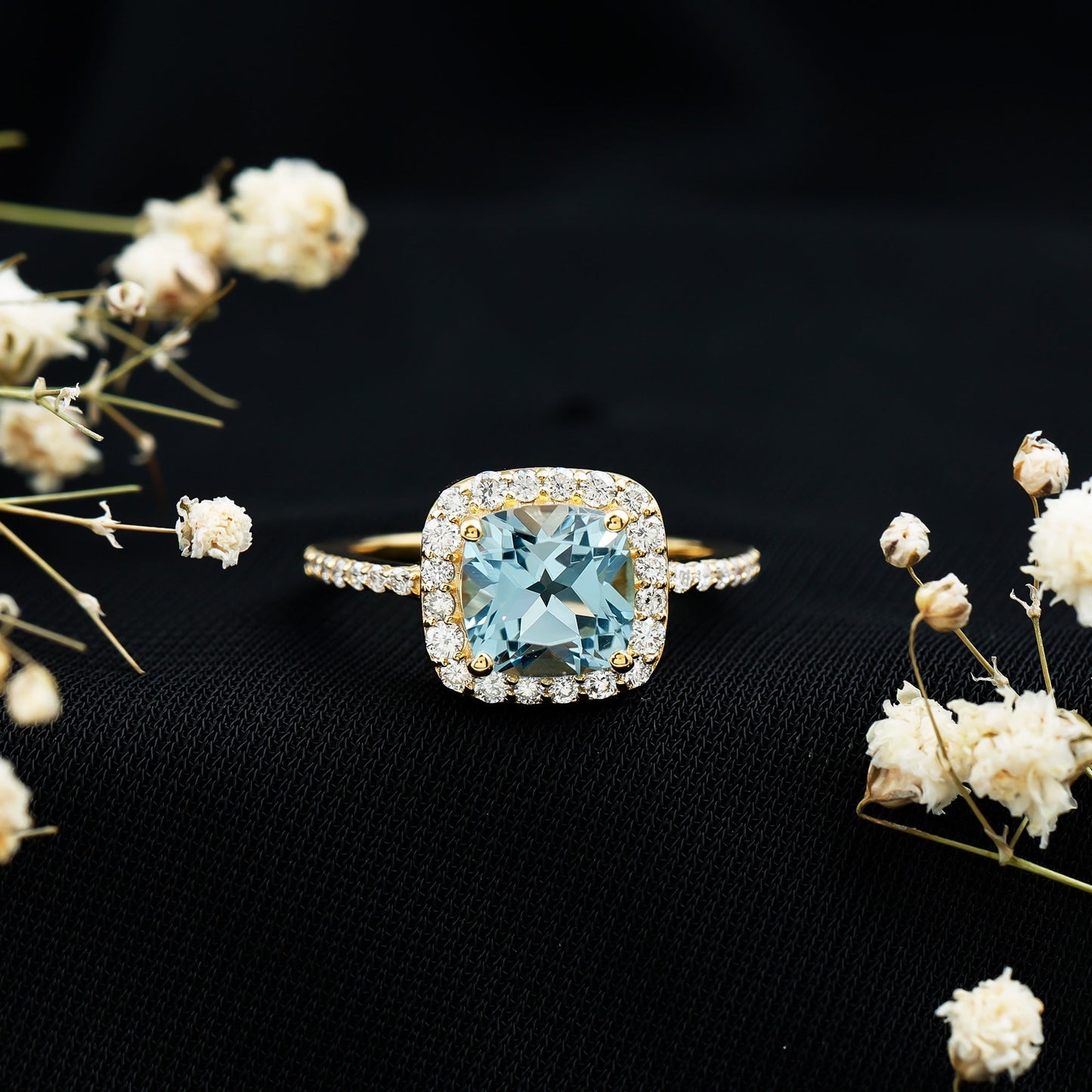 2 Carat Cushion Cut Sky Blue Topaz and Diamond Engagement Ring