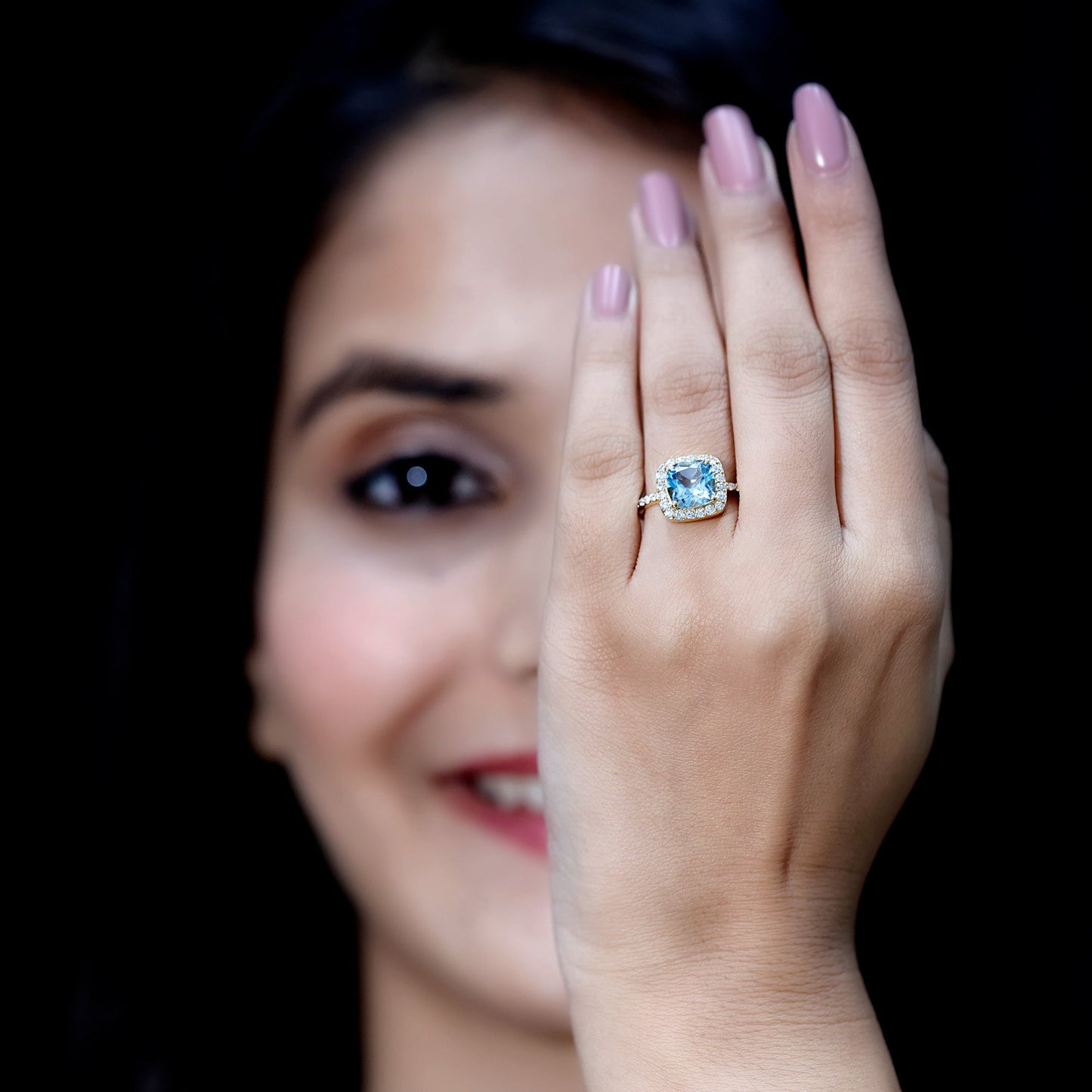 2 Carat Cushion Cut Sky Blue Topaz and Diamond Engagement Ring